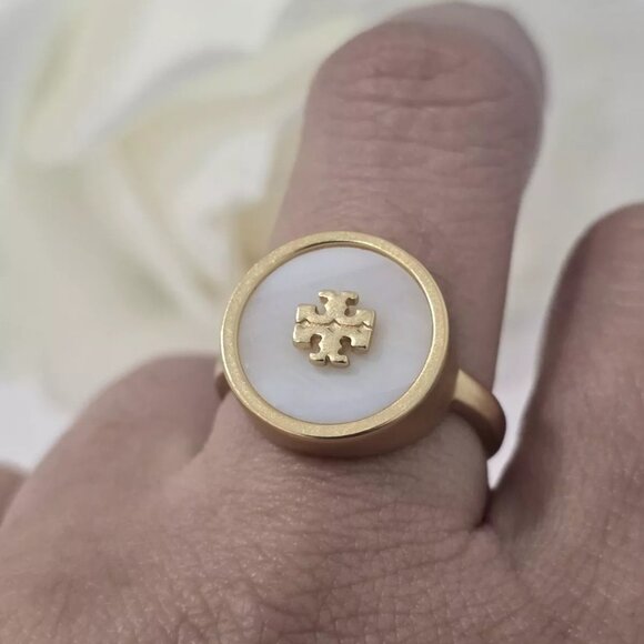 Tory Burch Mother Of Pearl And Logo Ring Size 7 - Picture 12 of 12